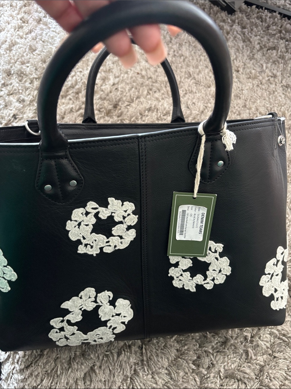 Black Satchel with White Floral Appliqué - Unbranded